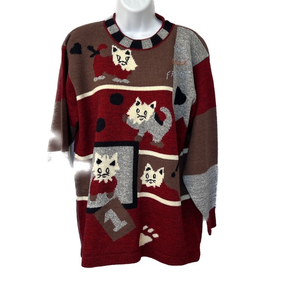 Embroidered Sweater Cats Friends Pullover Crewneck Red Brown Long Whimsey - Picture 3 of 6